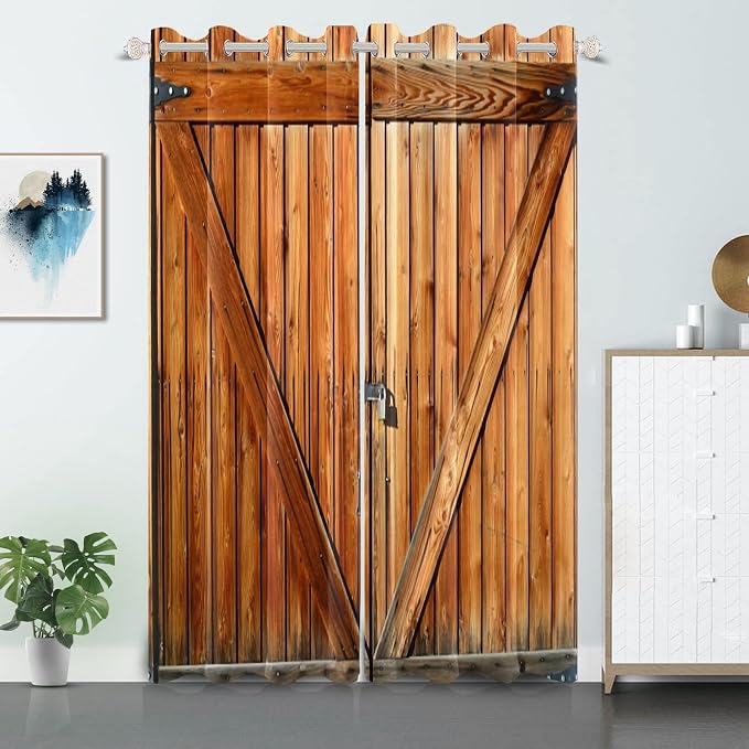 Russet Wooden Door Window Curtains Old Garage Door Curtains Rustic Barn Door Curtains Vintage Wood Planks American Rural Style Native Country Farmhouse Drape Treatments,42x108 inch,2 Panels