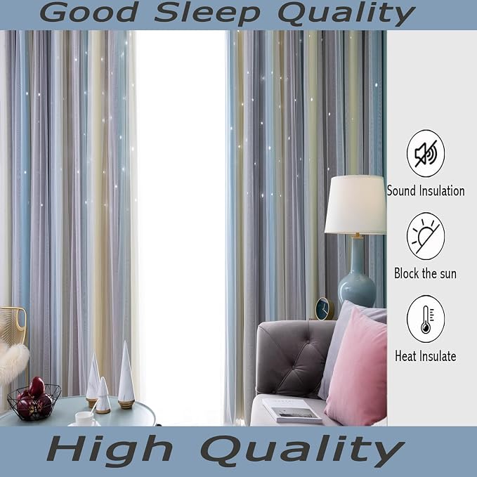 Blue and Yellow Blackout Curtains 96 inches Long for Kids Rooms 2 Panels, Privacy Light Filtering Cute Drapes, Thick Grommet Nursery Star Princess Curtains for Glass Door Bedroom