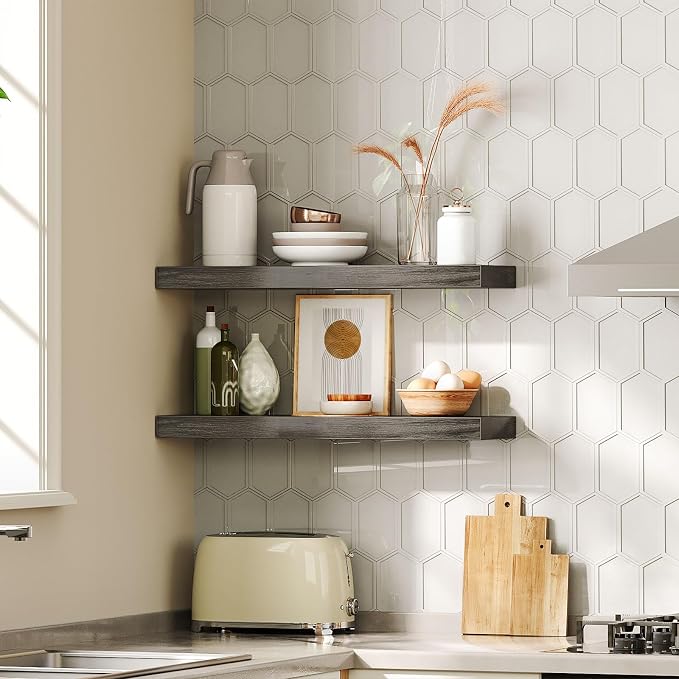 HOOBRO Floating Shelves for Wall, Wall Mounted Shelf Set of 2, 23.6" Hanging Shelf with Invisible Brackets, for Wall Decor Storage in Bathroom Bedroom Kitchen Livingroom Office, Charcoal Gray BC60BJ01