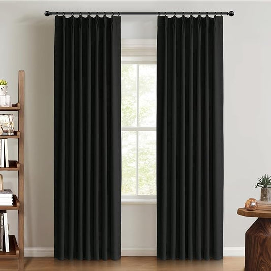 100% Blackout Shield Linen Look Textured Pinch Pleated Curtains Blackout Drapes 102 Inch Long 2 Panels Set, Faux Linen Blackout Curtains for Bedroom & Living Room, 40" W x 102" L, Black