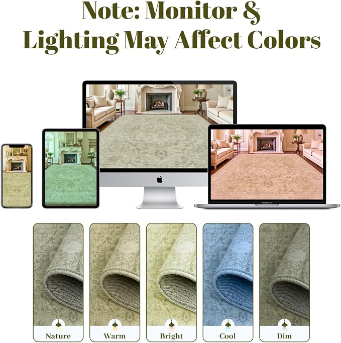 Homemate Washable Rug 6x9 Area Rugs - Vintage Faux Wool Rugs for Living Room Bedroom Dining Room - Non Slip Foldable Carpet Indoor Area Rug for Home Decor（6'x9', Green