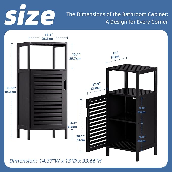 HITNET Bamboo Floor Cabinet, Small Bathroom Cabinet Floor Standing, 4 Tier Narrow Side Storage Cabinet, Space Saving Kitchen Cupboard with Single Door, Black