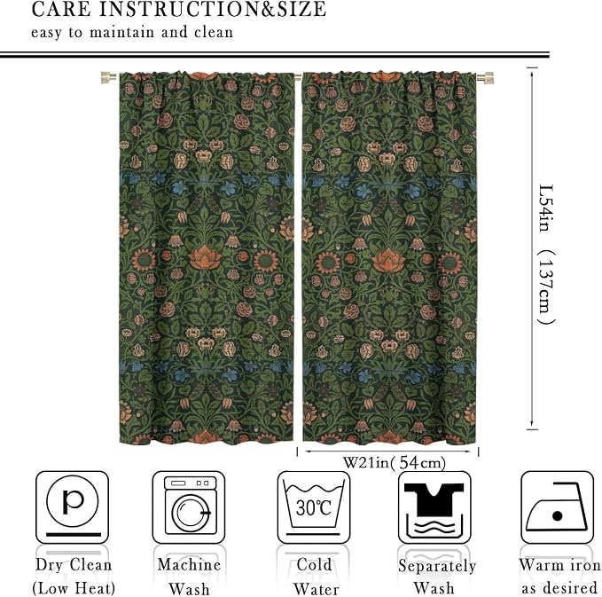 Bohemia Plant Flowers Pattern Blackout Window Curtains, William Morris Art Print Vintage Decor Curtains, for Living Room Bedroom 21(W)*54(L) 2 Panels
