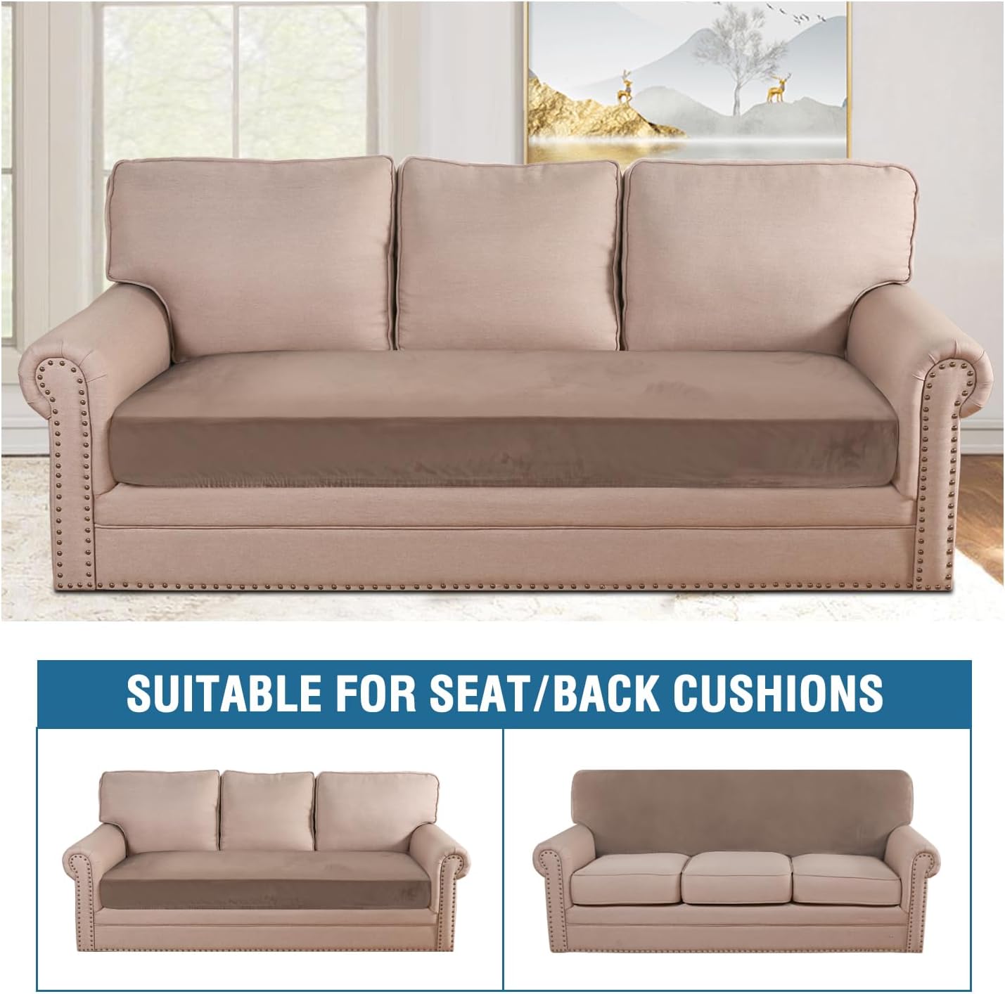 H.VERSAILTEX Velvet Stretch Individual Couch Cushion Cover Plush Cushion Slipcover for Loveseat Sofa Cushion Furniture Protector Seat Cushion Sofa Cover (1 Piece Sofa Cushion Cover, Taupe)