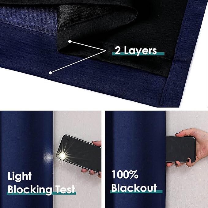 ChrisDowa 100% Blackout Curtains 90 inch Long for Bedroom with Black Liner, 2 Thick Layers Total Blackout Thermal Insulated Grommet Long Window Curtains 2 Panels Set (Navy Blue, 52 x 90 Inch)