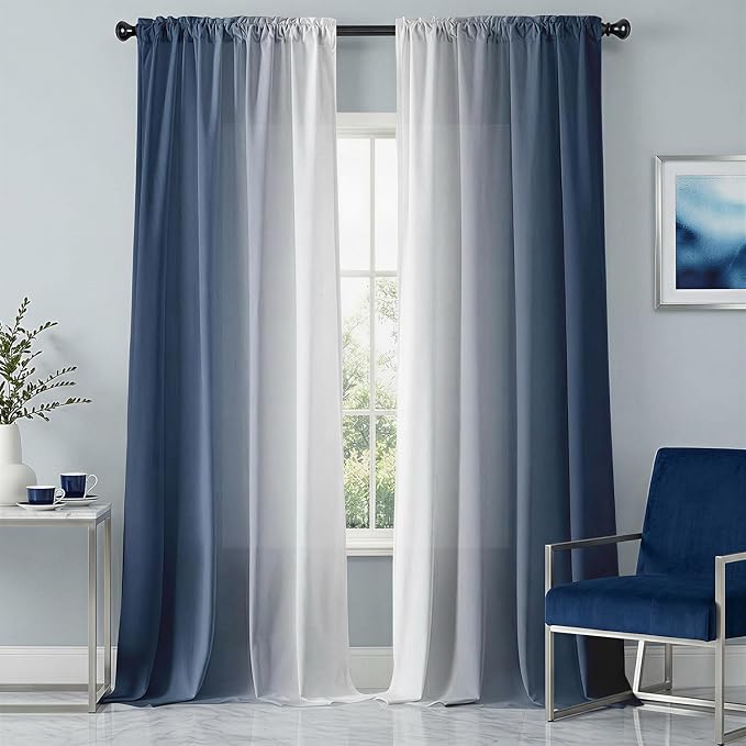 Blue Curtains 84 Inch Length 2 Panel Set Blue White Ombre Curtains for Living Room Bedroom Farmhouse Ombre Light Filtering Window Curtain Modern Gradient Drapes