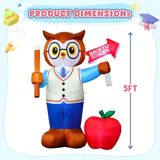 DomKom 5FT Back to School Inflatable Professor Owl with LED Lights, Blow Up Yard Decor with Apple & Pencil, Waterproof Lawn Ornament for First Day School, Classroom Welcome & Graduation Party