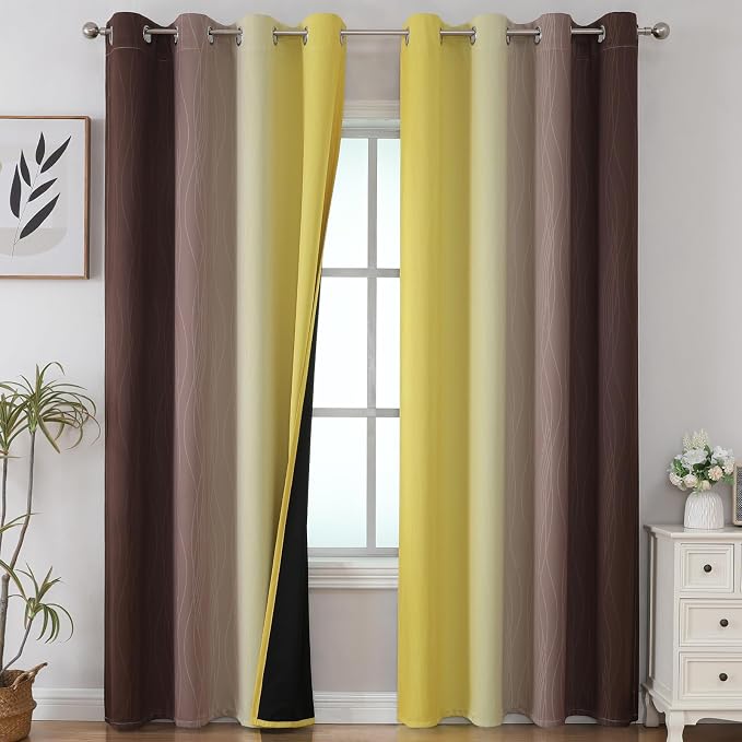 Estelar Textiler Brown and Yellow Blackout Curtains for Bedroom, Thermal Insulated Ombre Drapes 84 Inches Long, Full Room Darkening Energy Saving Curtains for Living Room, 52Wx84L, 2 Panels