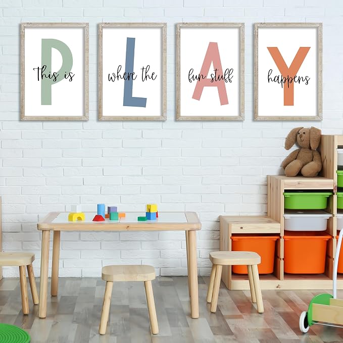 This Is Where The Fun Stuff Happens Kids Playroom Wall Art Decor 16x11 Inch Set Of 4 Rustic Kids Wood Framed Sign Toddler Modren Nursery Interesting Let's Play Prints Wall Hanging (White)