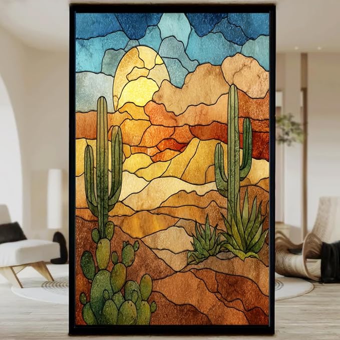 Sunset Desert Landscape Frosted Window Film, Retro Cactus Plant Texture Stained Glass Privacy Film, Heat Insulation Self-Adhesive Vinyl for Bathroom Office, 21.6Wx31.5L inch