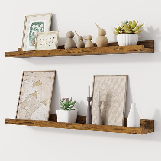 Fun Memories Picture Ledge Shelf, 24 Inch Floating Shelves Set of 2, Nursery Book Shelves for Storage, Bookshelf Wall Mounted for Wall Decor Books Photo Frames, Rustic Brown