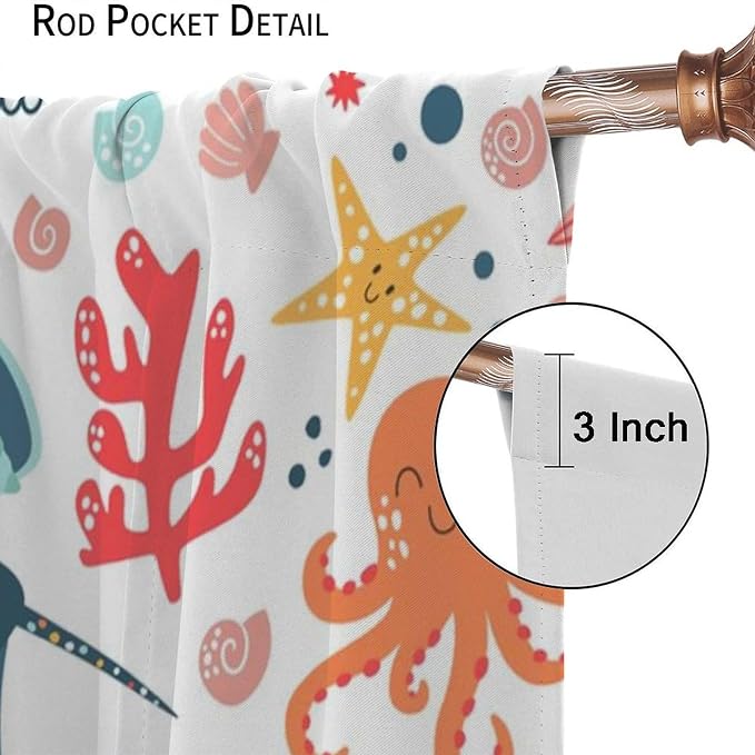 YCness Kids Cute Whale Curtains Funny Cartoon Ocean Animal Octopus Coral Art Printed Blackout Window Drapes for Boys Girls Bedroom Nursery Decor Fabric Set 2 Panel 63x63 Inch 80% Shading Rate
