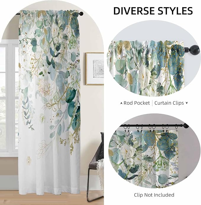 Gold Green Curtains 84 Inches Long Sage Green Leaves Light Filtering Curtain White Floral Drapes for Living Room Farmhouse Leaf Retro Elegant Window Curtains for Bedroom 2 Panels