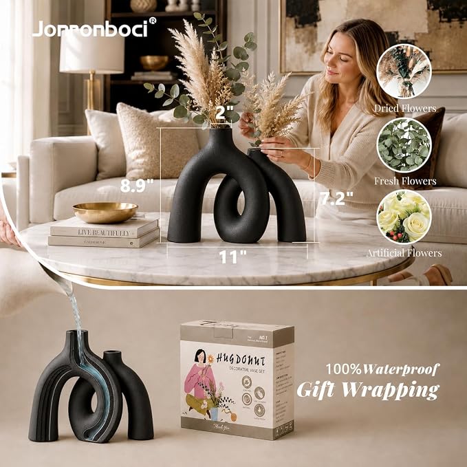 Matte Black Vase Set - Hug Hollow Donut Aesthetic Ceramic Vases Home Decor, Modern Nordic Minimalist Decorative Vase for Table Centerpiece Bookshelf Office Entryway Console Fireplace (Black)