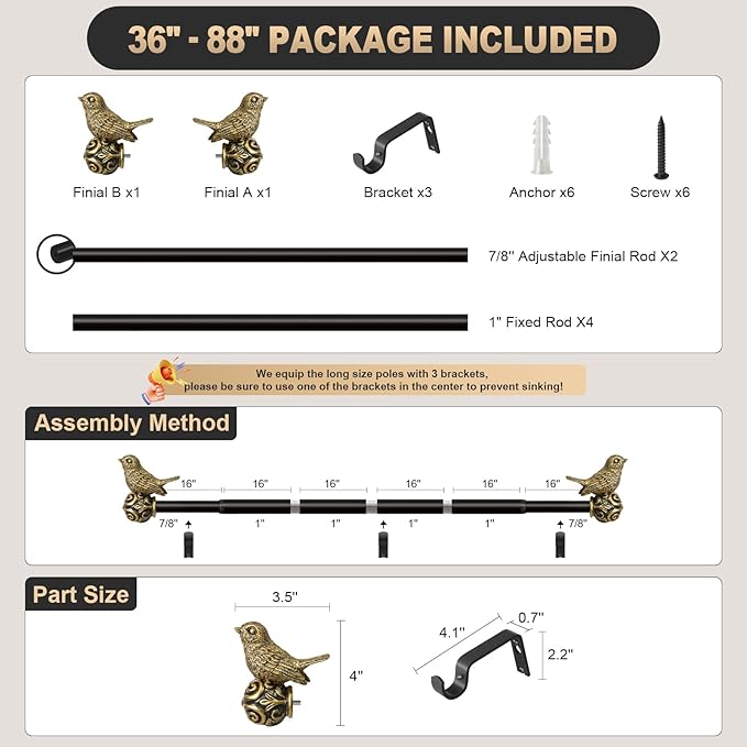 Black Curtain Rods for Windows 48 to 84 Inch, Vintage Decorative Curtain Rod with Gold Bird Finials, 1'' Adjustable Heavy Duty Drapery Rod Set for Bedroom Living Room Kitchen,36-88''