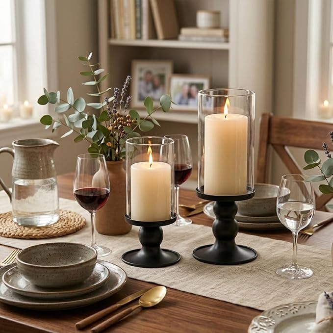 NITIME 2Pcs Hurricane Candle Holder for Pillar Candles, Black Candle Holders with Clear Glass Sleeve for Table Centerpieces,Pillar Candle Holders for Home Decor, Wedding, Holiday and Party Decor
