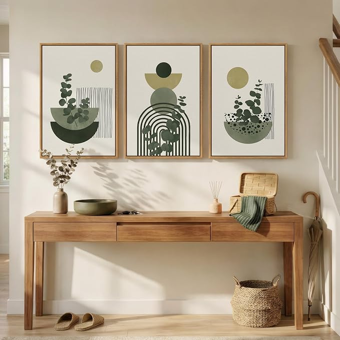 Framed Boho Botanical Wall Art for Living Room, 3 Piece Modern Green Bohemian Canvas Paintings Prints, Abstract Geometric Eucalyptus Leaf Pictures for Bedroom Dining Room Office Wall Decor, 16x24 Inch