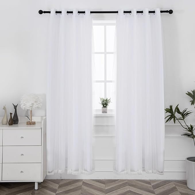 INLINAS Greyish White Blackout Curtains with Sheer Overlay - Grommet Top Thermal and Noise Reduction Panels for Bedroom and Living Room Light Blocking and Energy Saving, 52 x 108 Inches, Set of 2