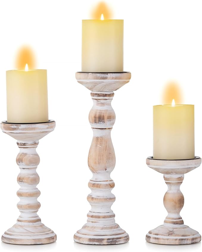 Wooden Pillar Candle Holder: Rustic White Candle Stand Wood Distressed Candleholders Farmhouse Fall Decor for Christmas Fireplace Mantle Dining Table Living Room Shelf Set of 3