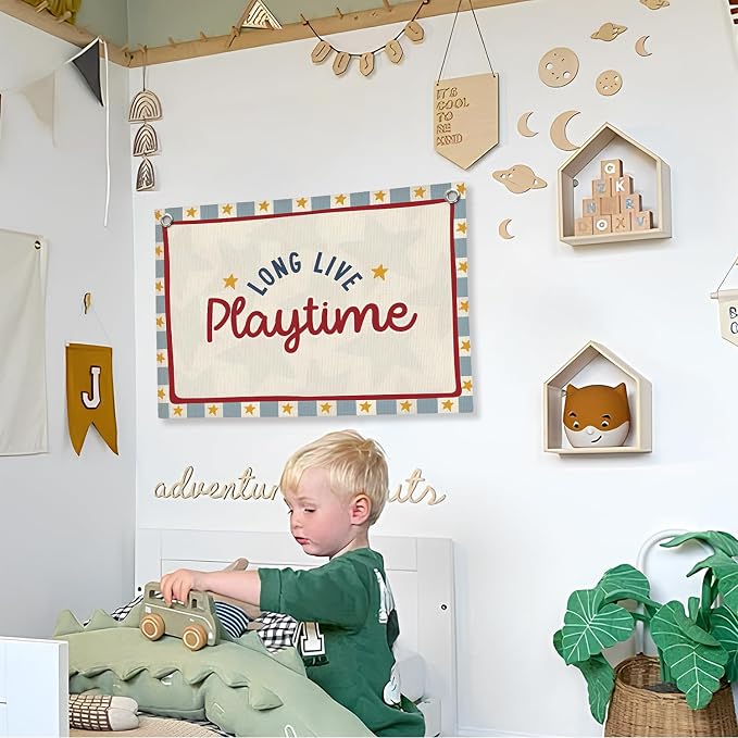 Playroom Wall Decor, Long Live Playtime Linen Canvas Banner,Toddler Playroom Decor Kids Room Nursery with Star Pattern Wall Decor for Toddler Boys Toy Room Bedroom,30x20 Inch