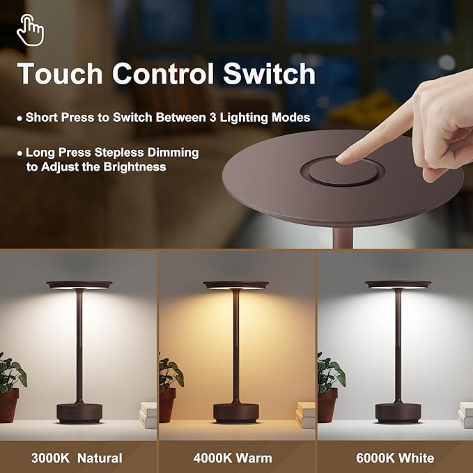 Rechargeable Cordless Table Lamps,Portable 5000mAh Table Light Touch 3 Color Stepless Dimming Battery Powered LED Metal Table Lamp for Restaurant/Home/Outdoor/Camping.(Rust)