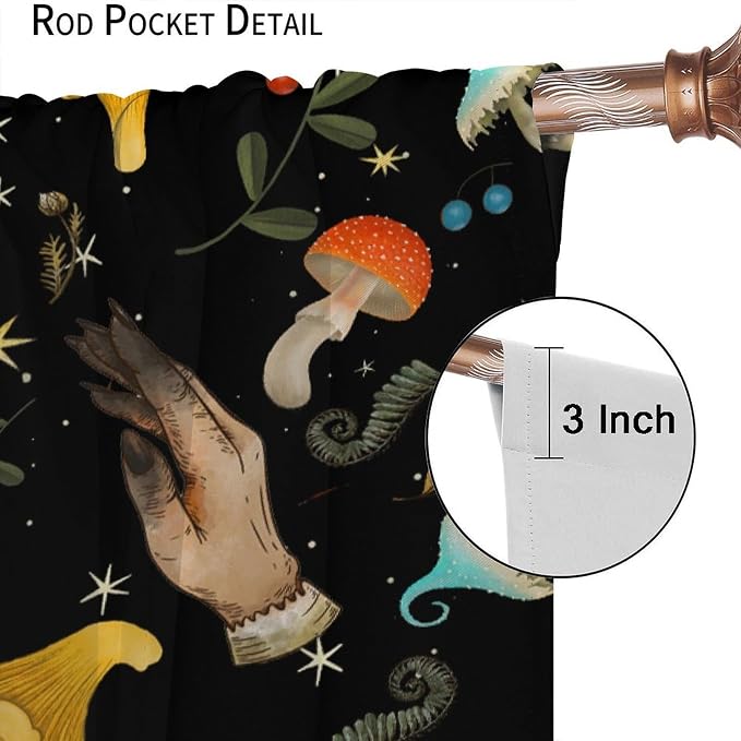 Retro Mushroom Curtains, Boho Rustic Vintage Botanical Mushroom Gothic Witch Wildflower Plant Print Blackout Window Treatments for Living Room Bedroom Kitchen 63x72in
