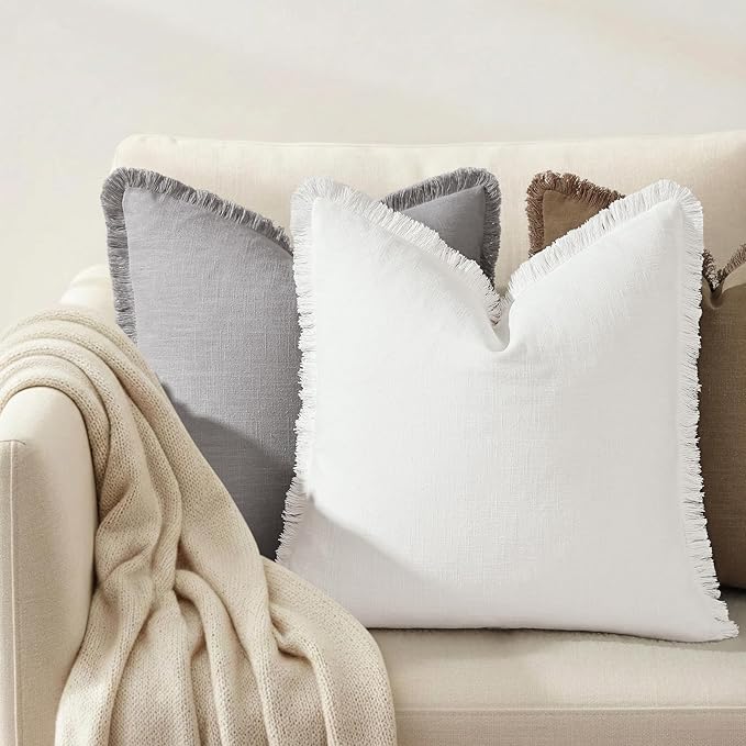 decorUhome Summer Decorative Neutral Linen Fringe Throw Pillow Covers Set of 2 Cream White Pillow Covers with Tassels Soft Farmhouse Boho Accent Pillow Cases for Couch Bed Sofa 20x20 Inch
