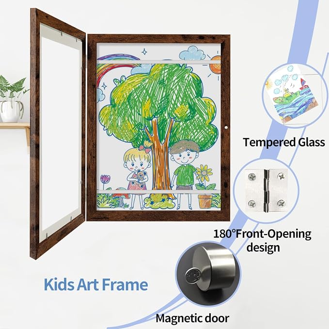 Kids Art Frames 9x12 - Front Opening Childrens Picture Frame Changeable, Wood Artwork Display Storage for Wall Mount, Magnetic Door Holds 50 Art Pieces for Drawings, 3D Picture, Crafts, Portfolio, Dark Brown