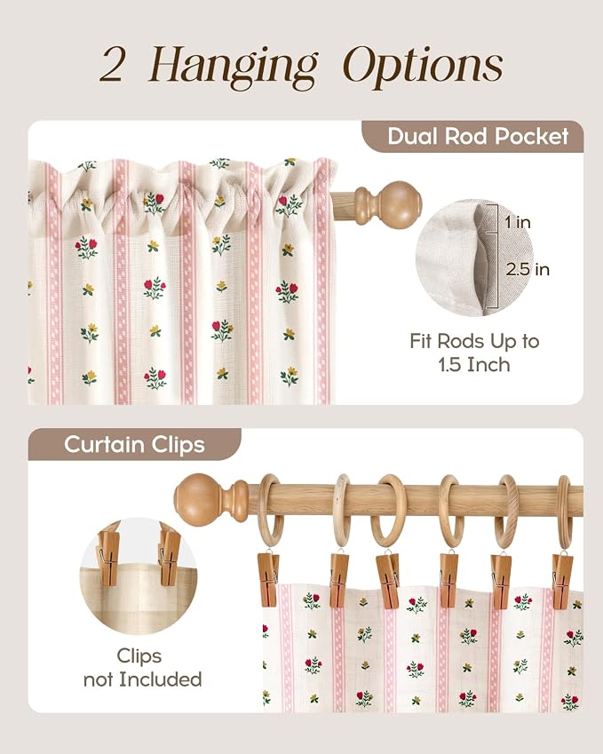 Miss Adola Farmhouse Kitchen Tier Curtains - 24 Inch Length Linen Blend Boho Floral Cafe Curtains Stripe Small Window Treatments Over Sink Rod Pocket for Bathroom Living Room Light Filtering, 2 Panels