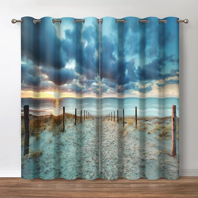 Jekeno Beach Ocean Blackout Window Curtains - Costal Sunrise Sunset Natural Sky Sea Sand Landscape Drapes for Bedroom Living Room Decor Grommet Window Treatments 2 Panels Set,42"x 63"