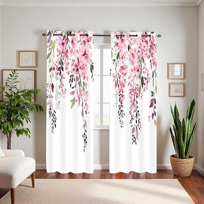Pink Watercolor Floral Curtains, Botanical Leaves Vine Flowers Curtain, Rustic Farmhouse Flower Leaf Blackout Window Treatment Drapes for Bedroom Living Room 52x96 inch, 2 Panels