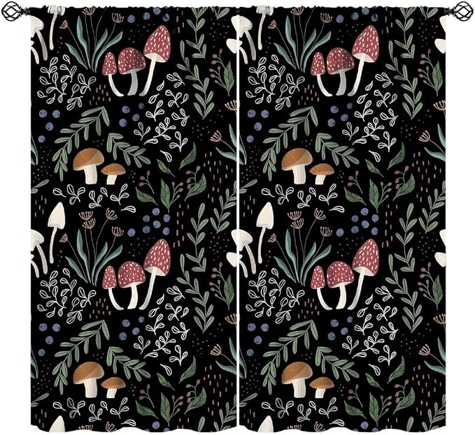 Mushroom Curtains, Cartoon Green Leaves Mushroom Wildflower Plant Botanical Boho Herb Nature Garden Print Blackout Window Drapes for Living Room Kids Bedroom 55x63in