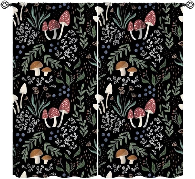 Mushroom Curtains, Cartoon Green Leaves Mushroom Wildflower Plant Botanical Boho Herb Nature Garden Print Blackout Window Drapes for Living Room Kids Bedroom 42x63in