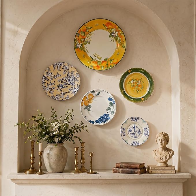 Yiyiring 5 Pcs Coastal Vintage Ceramic Wall Plates Set, Blue White and Yellow Decoration Hanging Plates with Botanical Patterns, Holland Vintage Gifts for Wall, Home Office Art Ornament(Fruit)