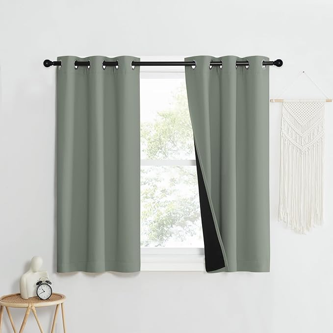 NICETOWN 100% Blackout Window Curtain Panels, Heat and Full Light Blocking Drapes with Black Liner for Nursery, 50" Drop Thermal Insulated Draperies (Greyish Green, 2 Pieces, 37" Wide Each Panel)
