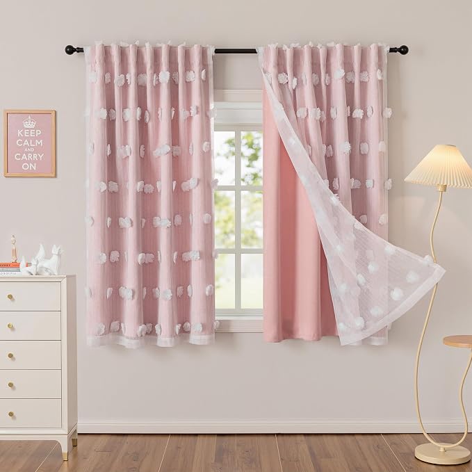 MYSKY HOME Pink Curtains for Girls Bedroom Double Layer White Pom Pom Sheer Window Panels for Kids Room Back Tab Room Darkening Window Drapes 54 Inches Length, W52 X L54, Blush Pink, 2 Pieces