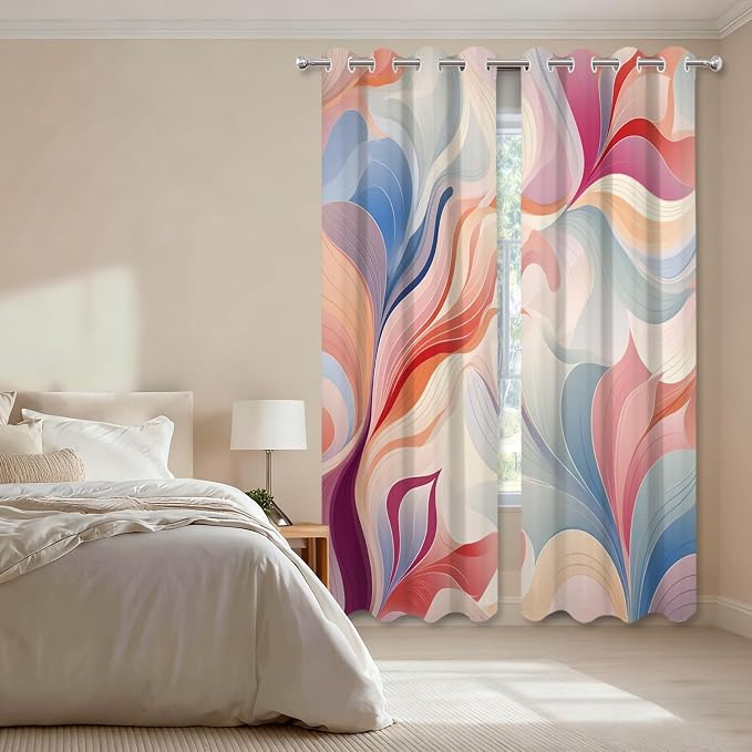 Shrahala Colorful Waves Blackout Window Curtains, Fluid Abstract Pattern Thermal Insulated Curtains Grommet Long Drapes for Bedroom,Living Room (2 Panels, 52 X 63 in)