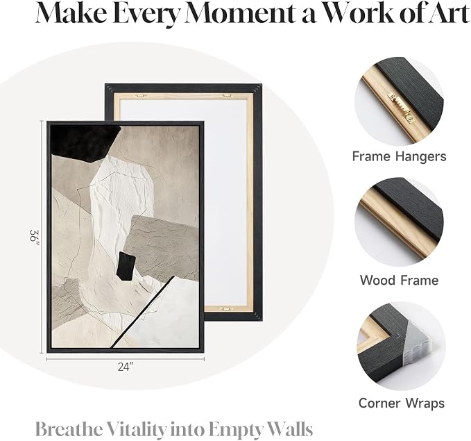 Framed Neutral Beige and Black Abstract Wall Art for Living Room, Set of 2 Modern Minimalist Canvas Artwork for Walls, Large Geometric Pictures Prints for Bedroom Office Hallway Wall Decor, 24x36 Inch