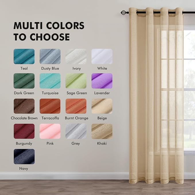 MIULEE 2 Panels Beige Khaki Sheer Window Curtains Elegant Grommet Top Window Voile Drapes/Treatment Linen Textured Panels for Bedroom Living Room (54X63 Inches)