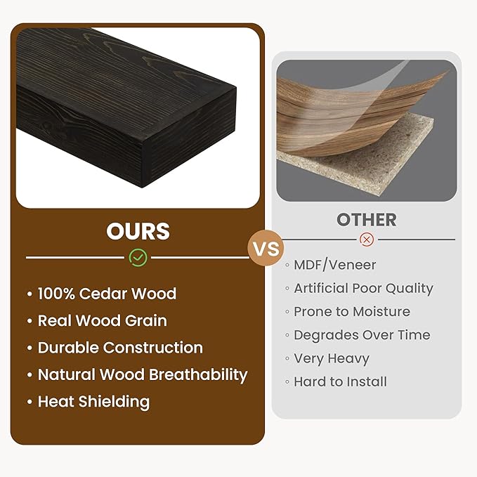 Acovy Floating Fireplace Mantel Shelves, 60x8x3 Inches Natural Wooden Floating Shelf for Over Fireplace, Wall-Mounted Mantel Shelf for Living Room and Home Decor, Black