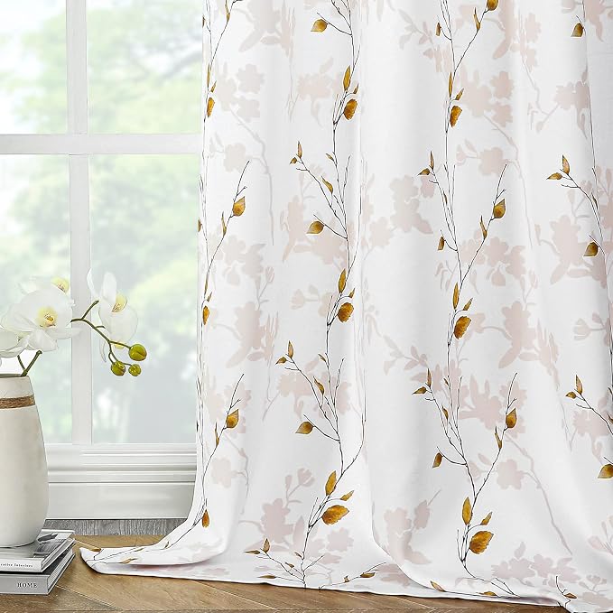 Joydeco Floral Curtains 96 Inches Long for Bedroom 2 Panels, Room Darkening Boho Curtains Patterned Panels for Living Room with Grommet, 80% Blackout Leaf Printed Drapes(Leaf Brown-95)