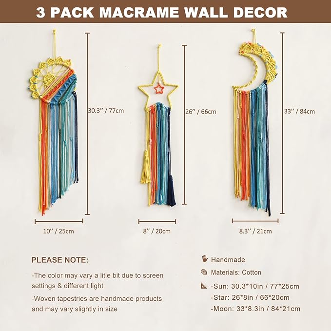 3 Pack Macrame Hanging Tapestry Wall Art Set Boho Woven Tapestries Sun Moon Star Large Dream Catcher Coloful Wall Decor Bedroom Aesthetic Living Room Decor (Orange Blue Mix)