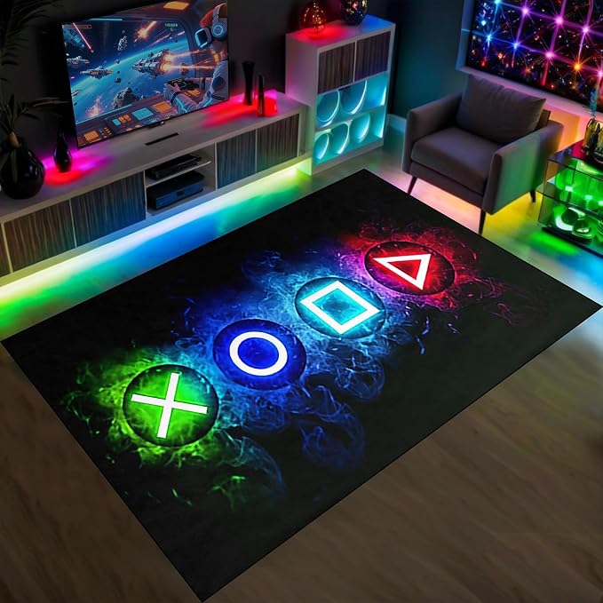 Games Area Rugs, Gamer Rug for Boy Cool Player Room Decor, Gaming Carpets for Boys Teens, Child Play Soft Floor Mat for Dining Living Room Sofa, Video Game Decor Decorate Doormats Black