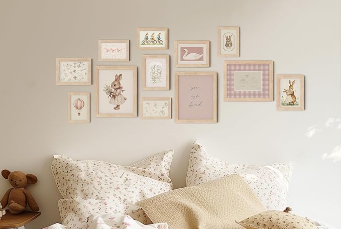 TwoDays Vintage Nursery Decor for Baby Girls, Pink Rabbit Bunny Wall Art for Toddler Kids Playroom, Swan Animals Posters for Bedroom (Multi Sizes, Set of 12, 8 × 10 Largest, Wooden Framed)