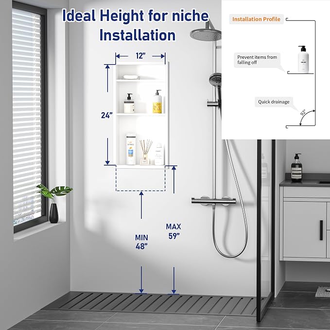 Stainless Steel Shower Niche 24" X 12" White No Tile Needed Vertical Niche Shower with Three-Tier Shelves Recessed Wall Niches for Bathroom Storage Over Mount Installation