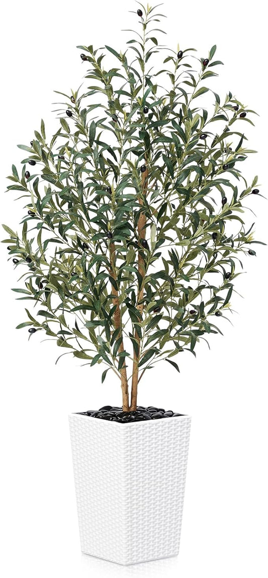 Artificial Olive Tree 5FT Faux Olive Tree - Adjustable Branches UV Resistant with White Taper Planter and Pebbles - Faux Plants Indoor for Living Room, Office Decor and Bedroom