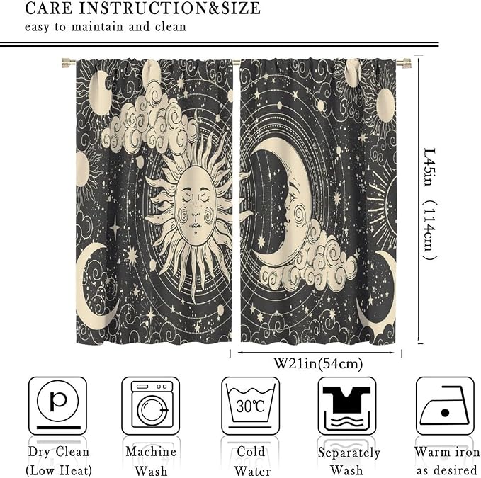 Bohemian Sun Moon Blackout Windows Curtains, Golden Sun Crescent Moon and Stars Vintage Cosmic Galaxy Printed Curtains, for Living Room Bedroom 42x45in 2 Panels