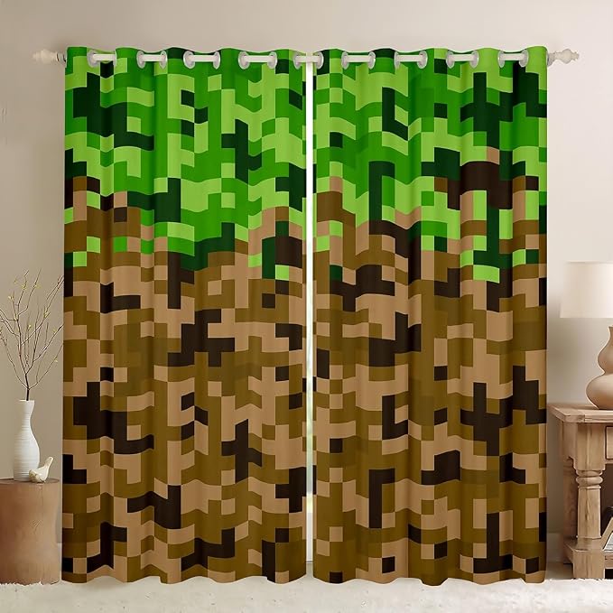 Miners Style Square Grid Window Curtain,Brown Green Pixelated Games Curtains for Kids Boys Teens Men Room Decor,Cartoon Gamepad Modern Window Treatment Curtain 100% Blackout Window Drapes,42Wx84L