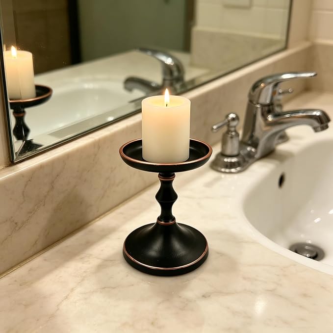 Hosley Aluminum Metal Decorative Pillar Candle Holder Antique Bronze Set of 2 for Candles or Display, 5” High - Ideal for Weddings, Parties, Events, Home Decor, Gifts, Elegant