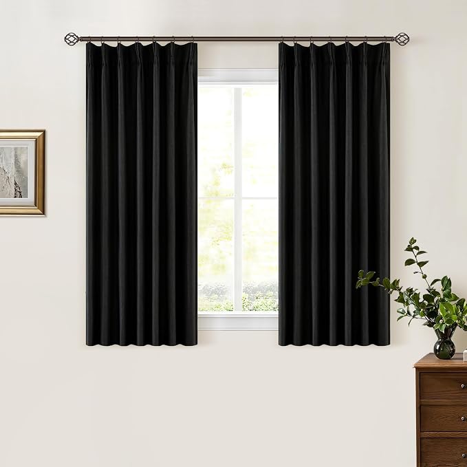 Black Pinch Pleated Linen Blackout Curtains 2 Panels for Living Room Bedroom Thermal Insulated 100% Black Out Linen Drapes with Liner Room Darkening Window Curtains 40x45